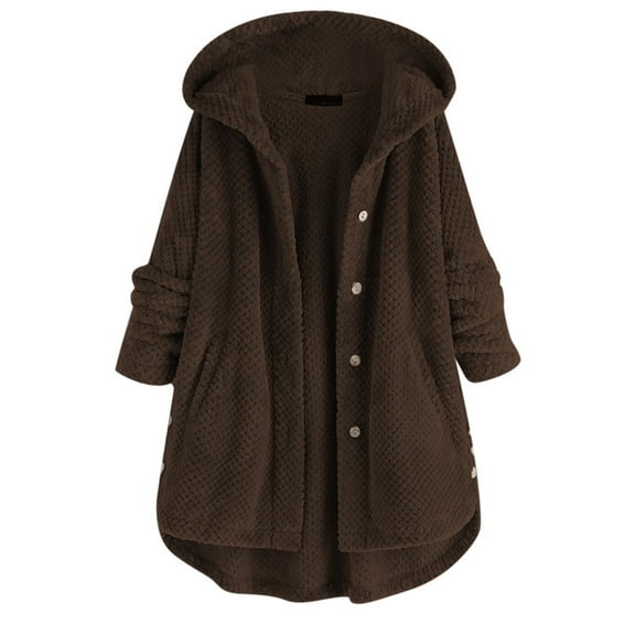 Lixiuxyad Womens Irregular Long Hooded Button Plus Size Jackets Winter Warm Outwear Brown