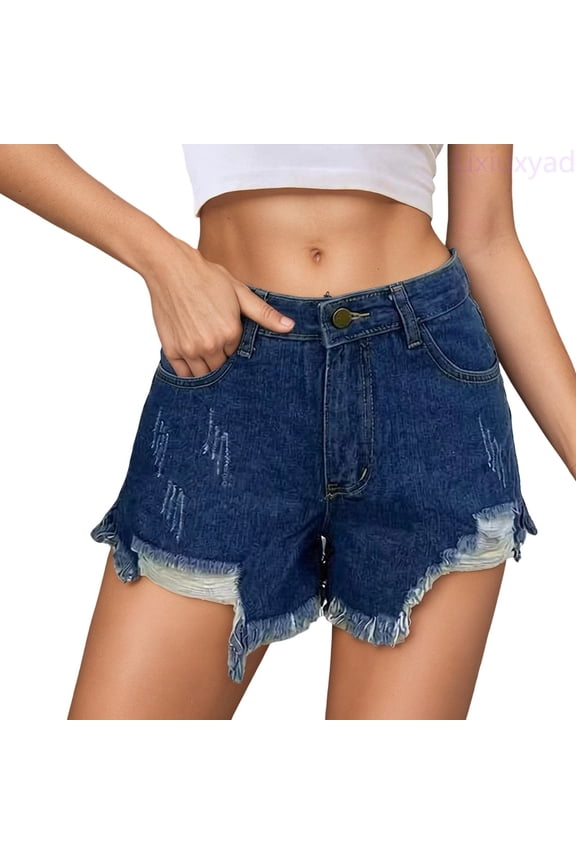 Womens Jean Shorts Mid-High Rise Casual Stretchy Ripped Distressed Cut-Off Summer Denim Shorts Sizes S-2XL,Blue