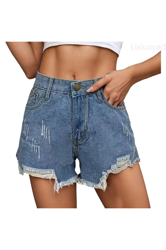 Womens Jean Shorts Mid-High Rise Casual Stretchy Ripped Distressed Cut-Off Summer Denim Shorts Sizes S-2XL,Blue