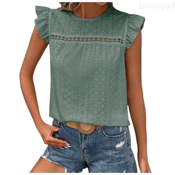 Lixiuxyad Womens Lace Short Sleeve Blouses V Neck T Shirt Dressy Casual Tops Womens Summer T Shirts,Green M