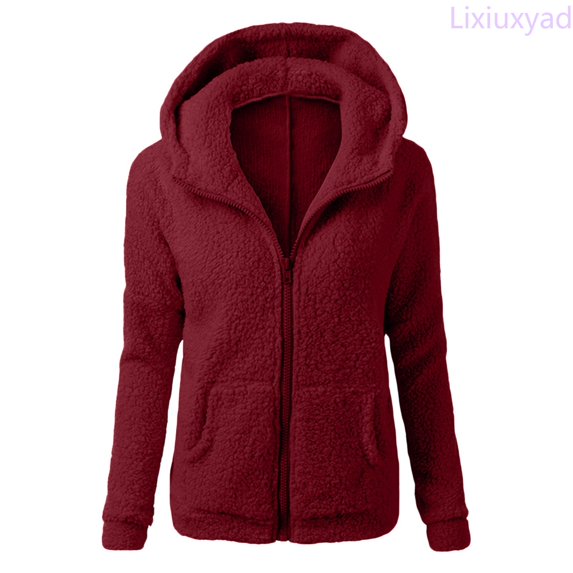 Lixiuxyad Womens Lightweight Coats Women Hooded Sweater Coat Winter Warm Wool Zipper Coat Cotton Coat Outwear,Red