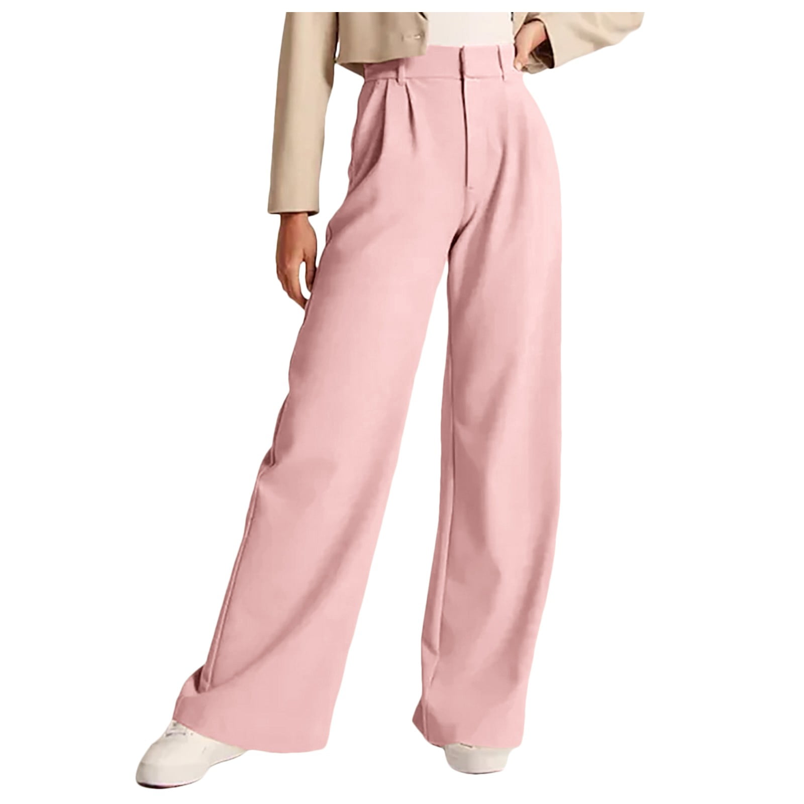 pink high waisted dress pants Lixiuxyad Womens Linen Pants Womens Casual Wide Leg Dress Pants High Waist  Tailored Button Down Trousers With Pockets Pink