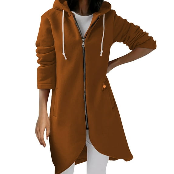 Lixiuxyad Womens Long Hooded Sweatshirt Zipper Coat Winter Warm Outwear Brown