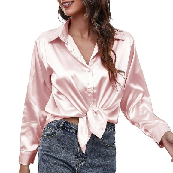 Lixiuxyad Womens Long Sleeve Colla Shirts Women's Blouse Satin Silk Shirt Button Down Shirt Casual Loose Long Sleeve Work Long Edition Blouse