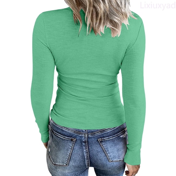 Lixiuxyad Womens Long Sleeve Neck Ribbed Knit Fitted Casual Tops Tee Slim Basic Shirts Womens Summer T Shirts,Green S