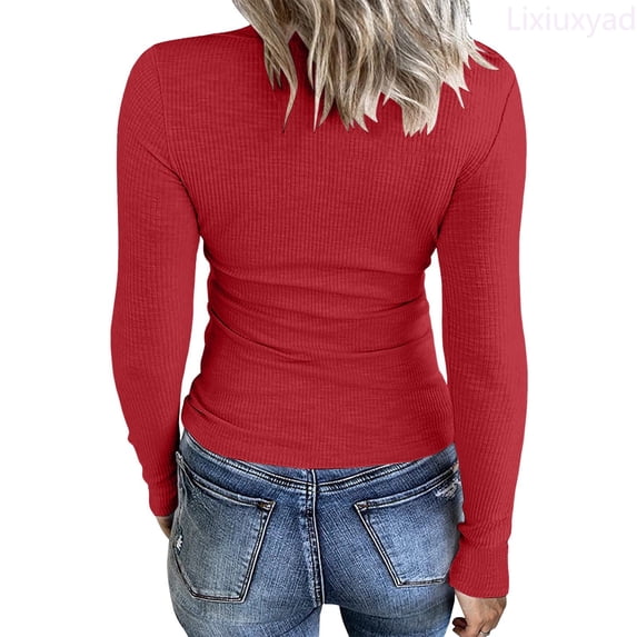 Lixiuxyad Womens Long Sleeve Neck Ribbed Knit Fitted Casual Tops Tee Slim Basic Shirts Womens Summer T Shirts,Red M