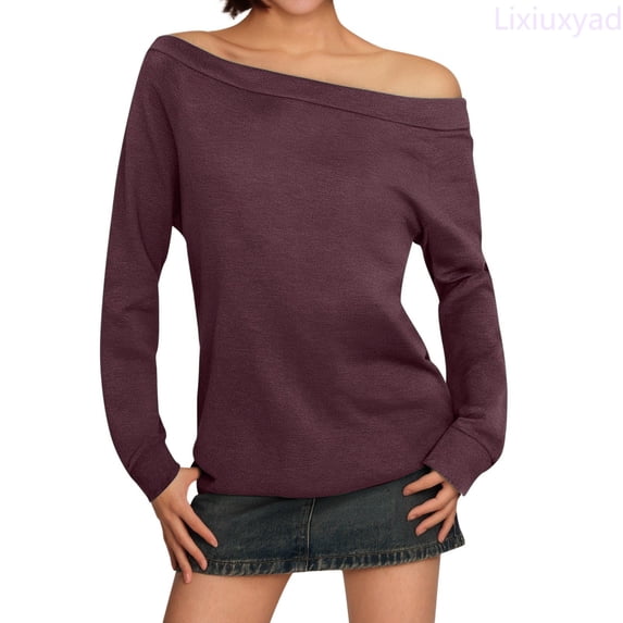 Lixiuxyad Womens Off The Shoulder Tops Summer Casual Long Sleeve T Shirts Blouse Womens Summer T Shirts,Red XXL