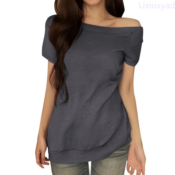 Lixiuxyad Womens Off The Shoulder Tops Summer Casual Short Sleeve T Shirts Blouse Basic Tee,Gray L