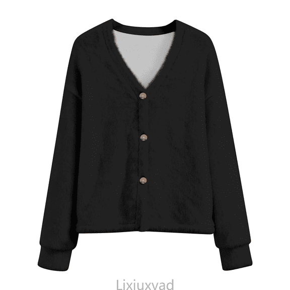 Lixiuxyad Womens Open Front Cardigan Button Down Cardigan Sweater Long Sleeve Open Front Knit Crop Top Crewneck Knitted Jackets,Black