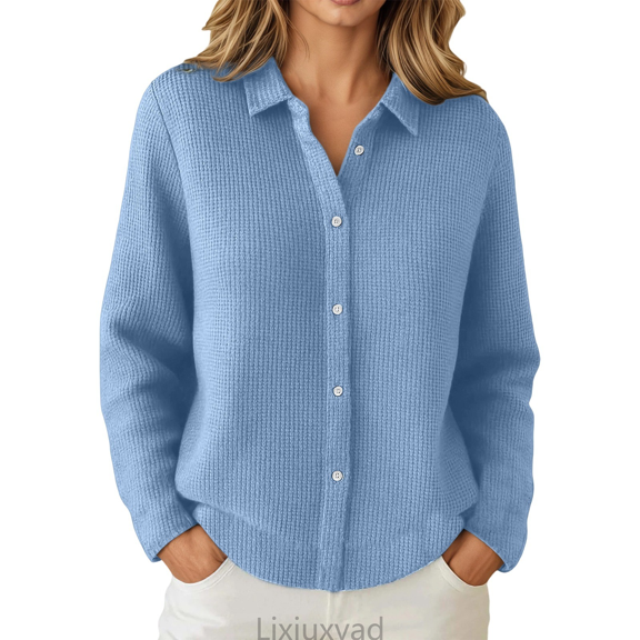 Lixiuxyad Womens Open Front Cardigan Button Down Knit Cardigan Sweater Open Front Long Sleeve Lapel Collar Casual Fall Winter Fashion Outerwear Coat,Blue