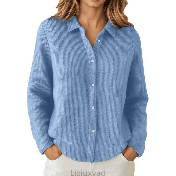 Lixiuxyad Womens Open Front Cardigan Button Down Knit Cardigan Sweater Open Front Long Sleeve Lapel Collar Casual Fall Winter Fashion Outerwear Coat,Blue
