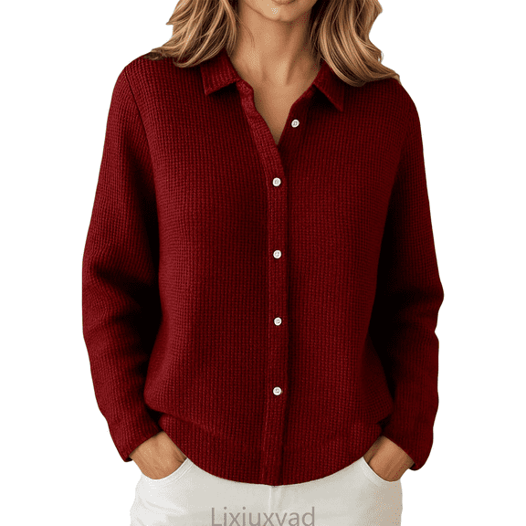 Lixiuxyad Womens Open Front Cardigan Button Down Knit Cardigan Sweater Open Front Long Sleeve Lapel Collar Casual Fall Winter Fashion Outerwear Coat,Red