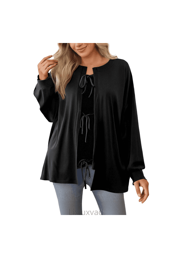 Womens Open Front Cardigan Women's Casual Loose Long Sleeve Solid Color Drawstring Belted Knit Cardigan Sweater Comfortable Stylish Outerwear,Black