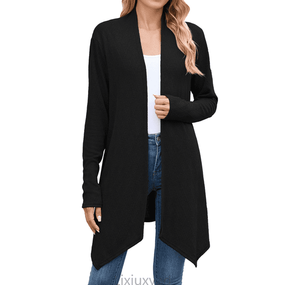 Lixiuxyad Womens Open Front Cardigan Women's Long Sleeve Knit Cardigan Solid Color Open Front Sweater Coat Casual Loose Fit Outwear For Daily,Black