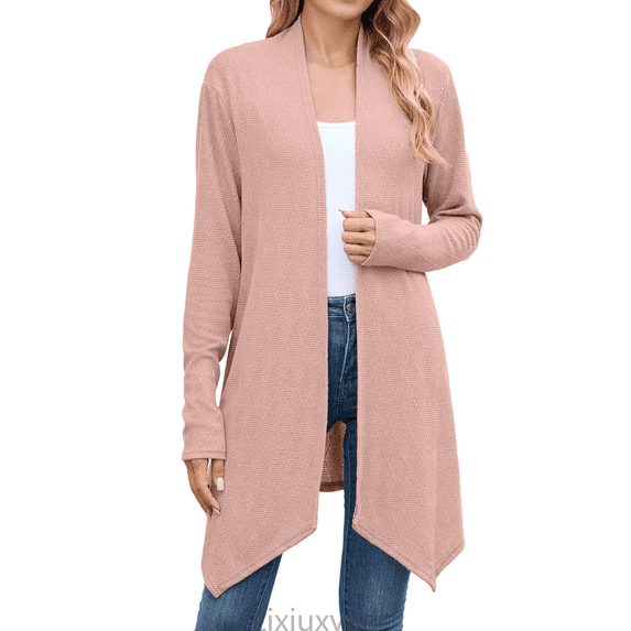 Lixiuxyad Womens Open Front Cardigan Women's Long Sleeve Knit Cardigan Solid Color Open Front Sweater Coat Casual Loose Fit Outwear For Daily,Pink