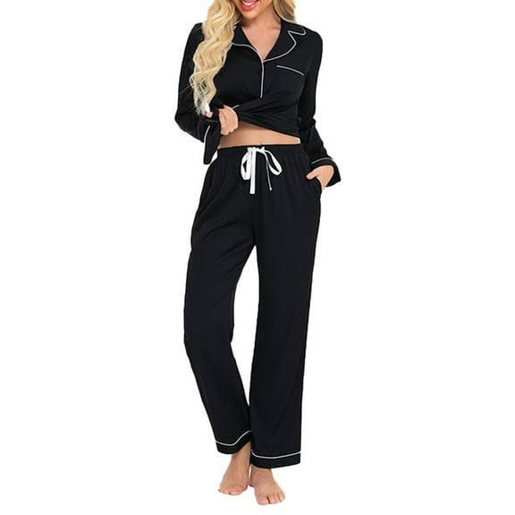 Lixiuxyad Womens Pajama Gown Women's Silk Comfy Long Sleeve Pants Suit With Crepe Edge Lapel Homestay Pajamas