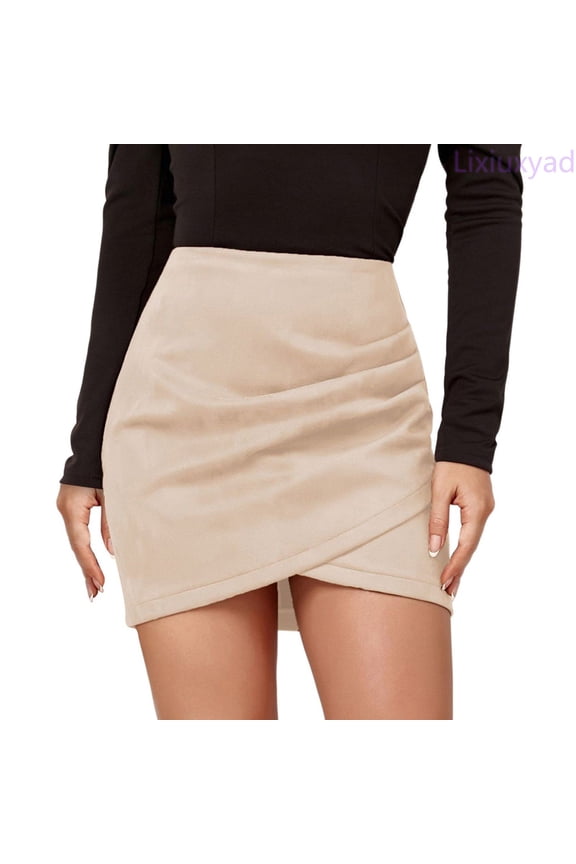 Womens Skirt Suede Solid Half Skirt Fall Winter Pleated Irregular Zipper Short Skirt Border Women's Skirt,Beige