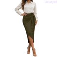 thumbnail image 1 of Lixiuxyad Womens Skirt Summer Solid Color Tie Waist Pleated Side Slit Midi Skirt Casual Wear Flowy A Line Elegant Outfit,Green, 1 of 5