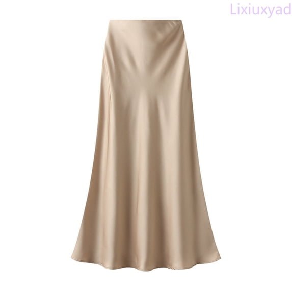 Lixiuxyad Womens Skirt Women's High Waist Satin Skirt Solid Color A-Line Long Skirt with Elegant Drape Comfortable Casual Skirt for Office Party Daily,Beige