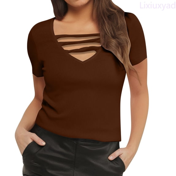 Lixiuxyad Womens Summer Deep V Neck Tops Casual Short Sleeve Low Cut Out T Shirts Blouse Trendy Casual,Brown XXXL