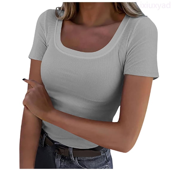 Lixiuxyad Womens Summer Short Sleeve Tops Square Neck Ribbed Slim Fitted Shirts Casual Tee Tshirt Summer Tee Shirts,Gray L