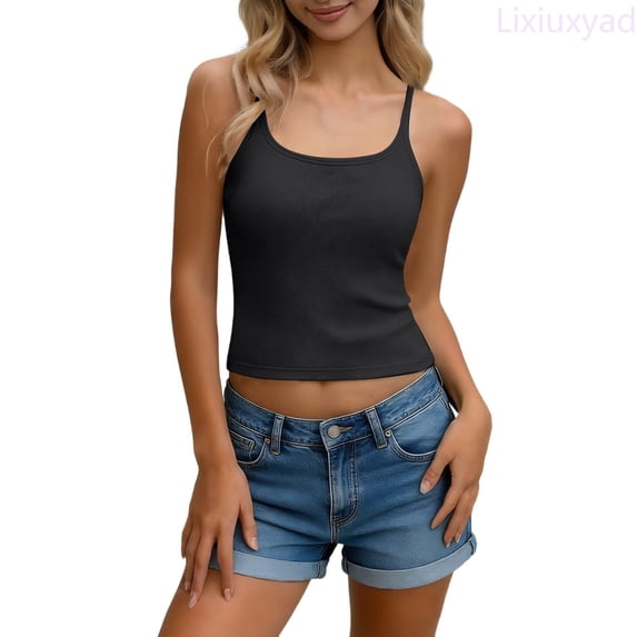 Lixiuxyad Womens Tank Tops Loose Fit Fashion Square Neck Camisole With Built In Bra Shelf Strappy Tank Top For Casual Wear,Black