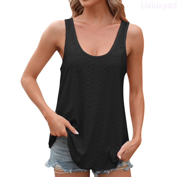 Lixiuxyad Womens Tank Tops Sleeveless Eyelet Embroidery Scoop Neck Loose Fit Casual Summer Floral Cute,Black L