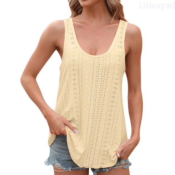 Lixiuxyad Womens Tank Tops Sleeveless Eyelet Embroidery Scoop Neck Loose Fit Casual Summer Floral Cute,Yellow XXL