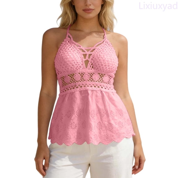 Lixiuxyad Womens Tank Tops Women’s Cool V Neck Sleeveless Solid Breathable Vest Hollow Open Back Tie Camisole,Pink