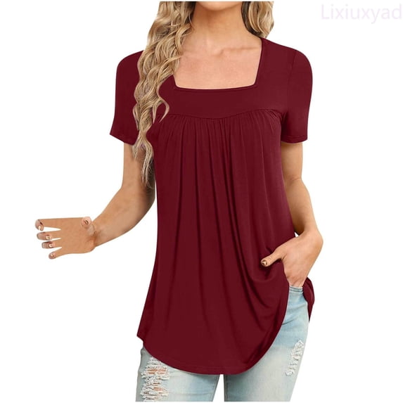 Lixiuxyad Womens Tops Tunic Summer Square Neck Short Sleeve T Shirt Cute Tees Casual Dressy Blouse Loose Fit,Red S