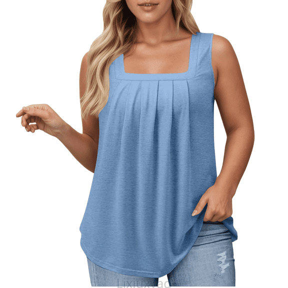 Lixiuxyad Workout Tank Tops Woman Women's Casual Square Neck Tank Top Pure Color Ruffle Detail Blouse For Spring Summer Daily Wear With Jeans,Blue