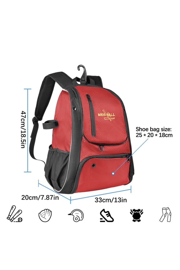 Multifunctional Baseball & Softball Backpack with Spacious Compartments, Durable Water-Resistant Material, and Convenient Accessory Storage Red