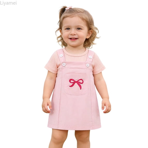 Liyamei Baby Girls Outfits, Toddler Summer Set, Layered Straps Embroidery Dress Bodysuit Twin Set Pink 12-18 Months
