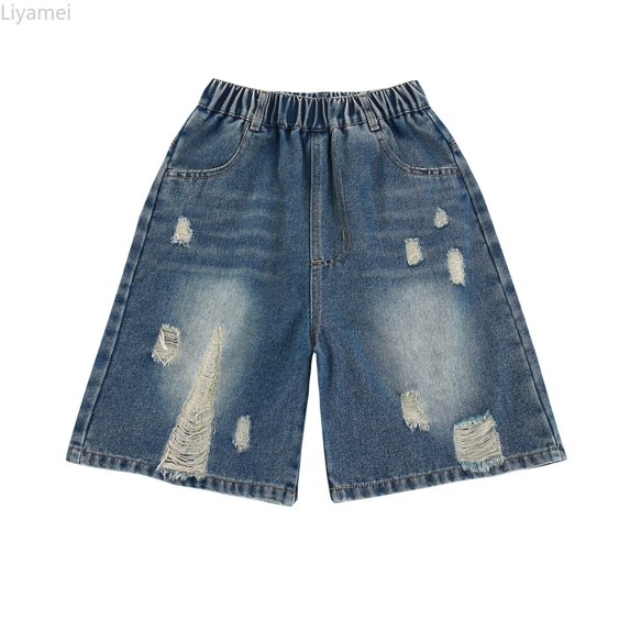 Liyamei Boys Denim Shorts with Loose Fit and Pockets for Summer Casual Size 4-14,Blue