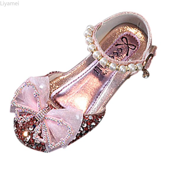 Liyamei Fashion Summer Girls Sandals Dress Performance Dance Shoes Flat Light Sequins Pearl Mesh Bow Buckle Girls Summer Sandals Size Pink 3-3.5 Years