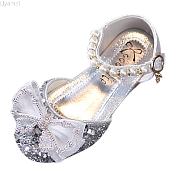Liyamei Fashion Summer Girls Sandals Dress Performance Dance Shoes Flat Light Sequins Pearl Mesh Bow Buckle Girls Summer Sandals Size Silver 10.5-11 Years