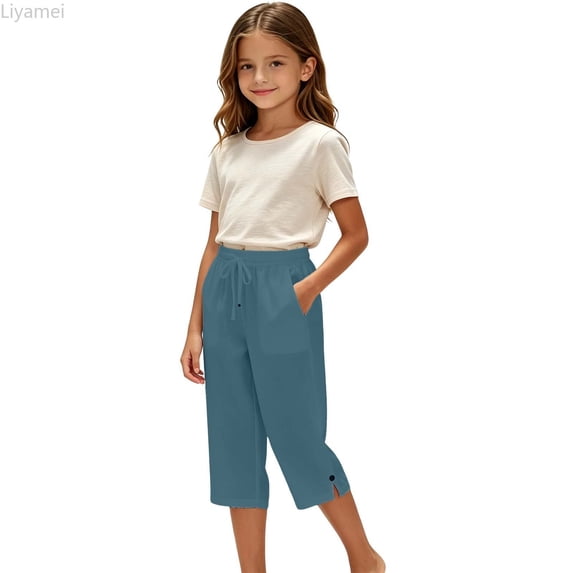 Liyamei Girls Beach Casual Pants with Solid Color Capri Style for Summer Comfort Size 5-14 Years