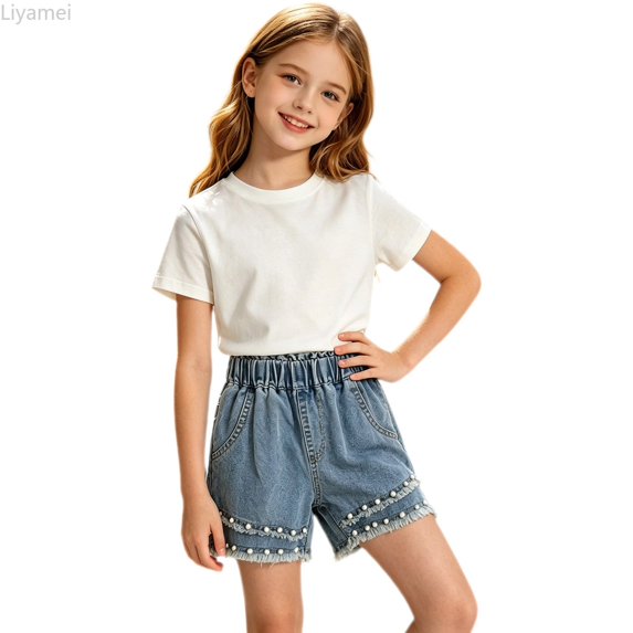Liyamei Girls Beaded Denim Shorts with Raw Hem for Summer Style Size 5-14,Blue
