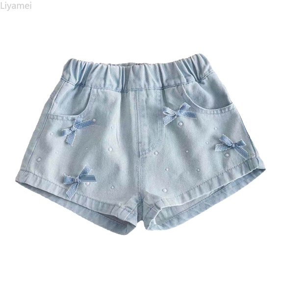 Liyamei Girls Bow Detail Denim Shorts with Loose Fit for Summer Size 2-12,Blue