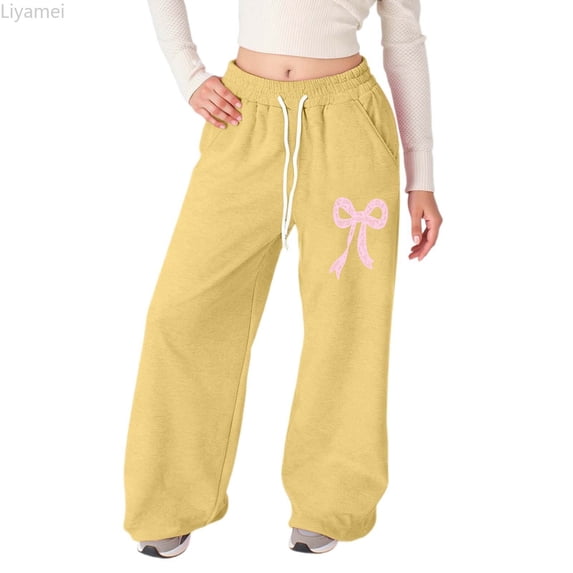 Liyamei Girls Bow Tie Wide Leg Sweatpants Lightweight Straight Leg Joggers With Pockets Casual Pants For Toddler And Kids Girls Sweatpants Size Yellow 4-5 Years