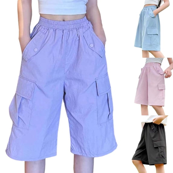 Liyamei Girls Cargo Shorts with Elastic Waist and Pockets for Summer Outdoor Size 4-15,Blue