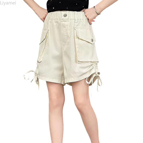 Liyamei Girls Cargo Shorts with High Waist and Wide Leg for Summer Play Size 7-15,Khaki