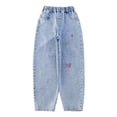 thumbnail image 1 of Liyamei Girls Denim Pants High Waisted Straight Leg Casual Trousers For Kids Comfortable Stretch Elastic Waistband Durable Soft Fabric Outdoor Play Everyday Wear Girls Denim Jeans Size Blue 4-5 Years, 1 of 3