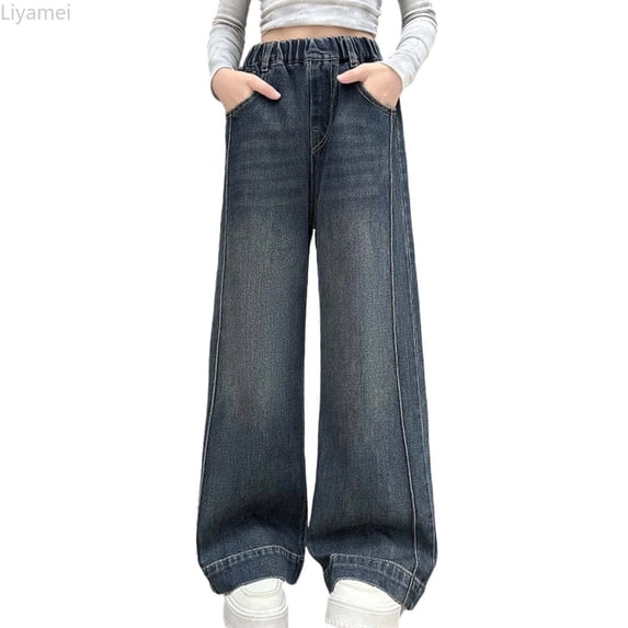 Liyamei Girls Denim Pants Straight Leg Loose Fit Wide Leg Trousers Autumn Casual Comfortable Stretch Jeans For Big Kids Size 6-7 Years