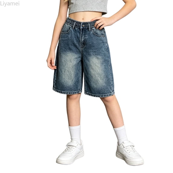 Liyamei Girls Denim Shorts with Mid Waist for Summer Daily Size 6-16,Blue