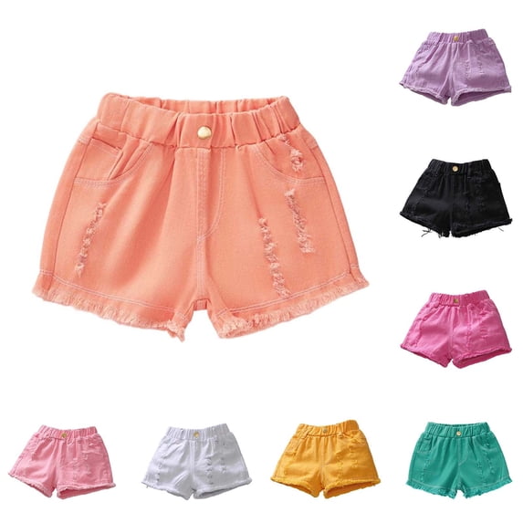 Liyamei Girls Distressed Denim Shorts with Elastic Waist for Summer Size 2-14,Red