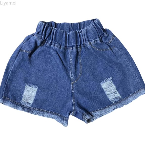 Liyamei Girls Distressed Denim Shorts with Elastic Waist for Summer Size 2-15,Blue