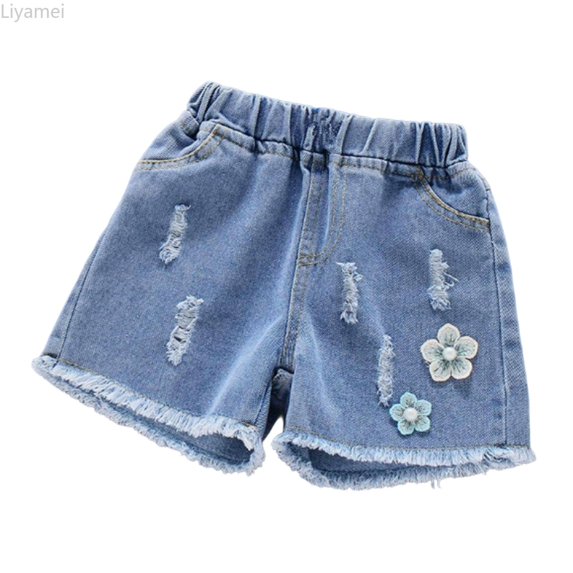 Liyamei Girls Distressed Denim Shorts with Elastic Waist for Summer Size 2-8,Sky Blue