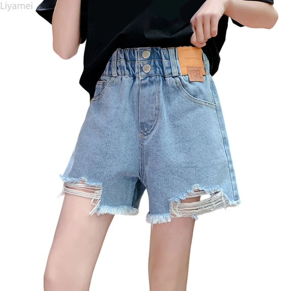 Liyamei Girls Distressed Denim Shorts with High Waist for Summer Style Size 4-14,Sky Blue