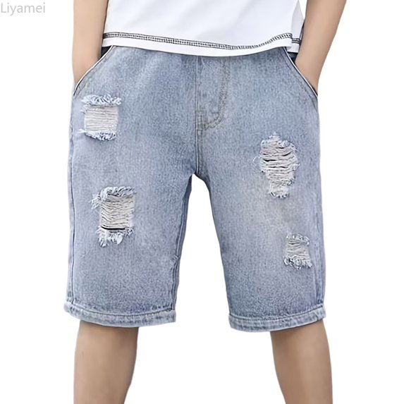 Liyamei Girls Distressed Denim Shorts with Straight Leg for Summer Size 8-12,Sky Blue